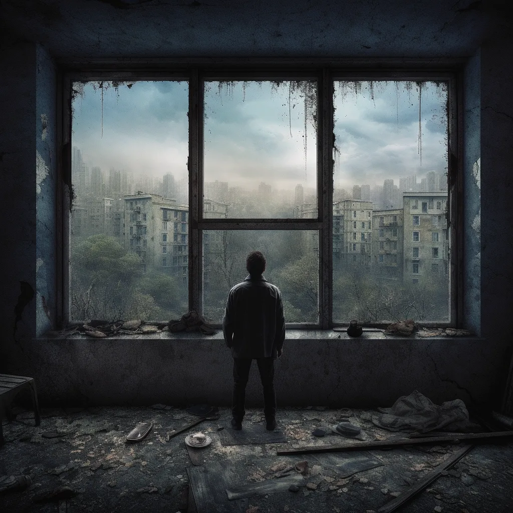 A lone figure in a ruined room gazing out at an overgrown, abandoned city