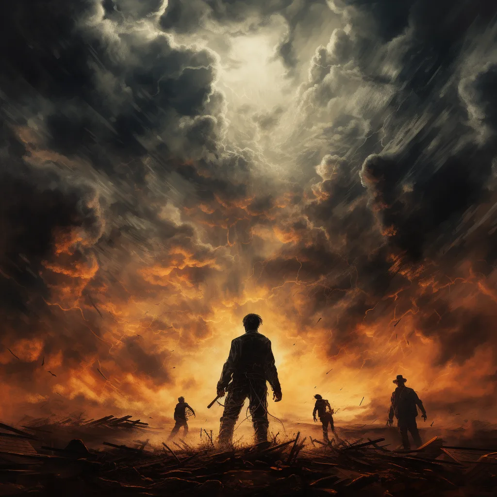 A silhouetted figure standing against attackers in the wasteland
