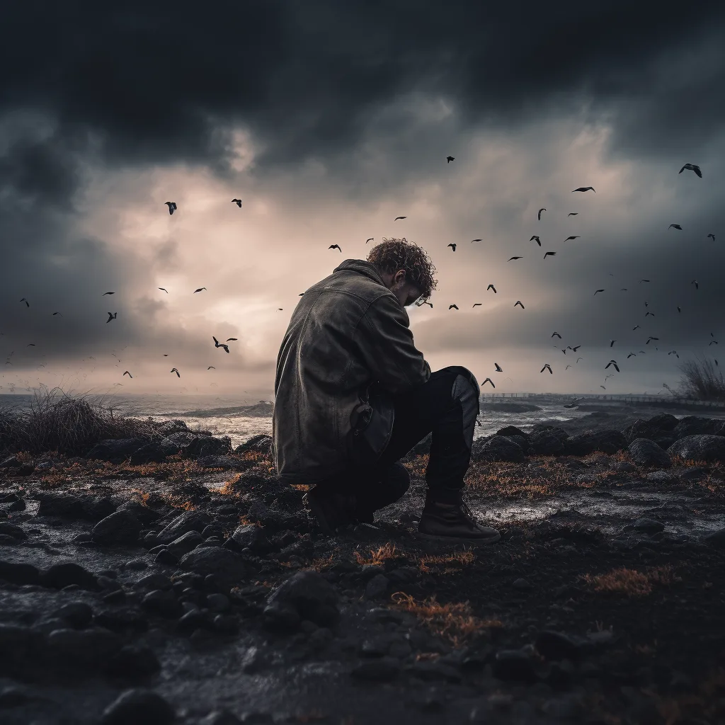 An exhausted figure crouching beneath dark skies near the shore