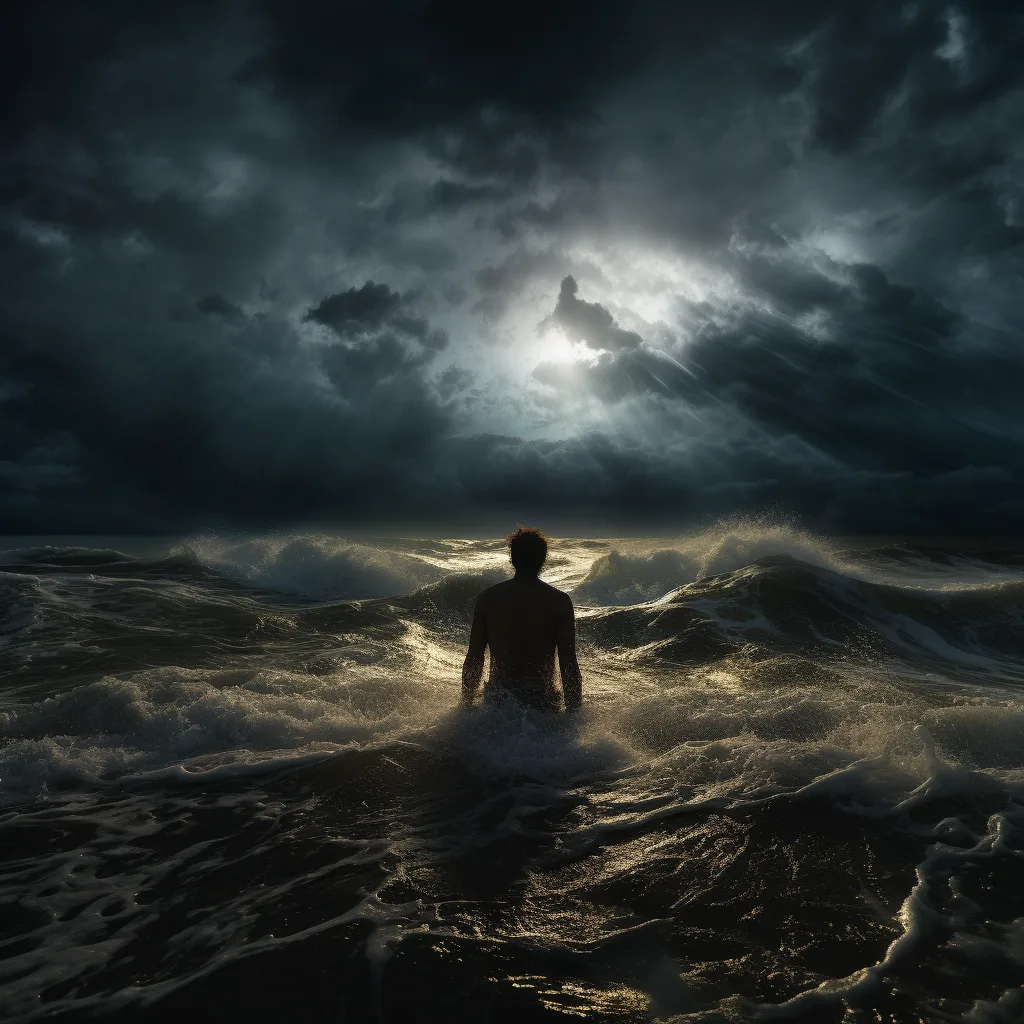 A figure standing chest-deep in a storm-tossed sea
