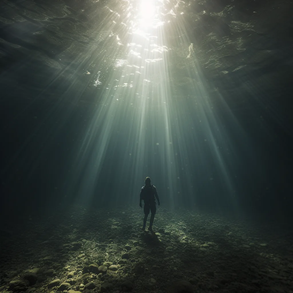 A figure underwater reaching toward a distant light